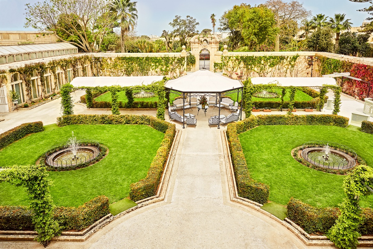 The formal Italianate gardens of Palazzo Parisio from above